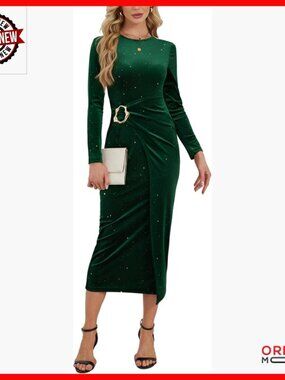 Long Sleeve Velvet Bodycon Midi Dress Sequin Glitter Wrap Party